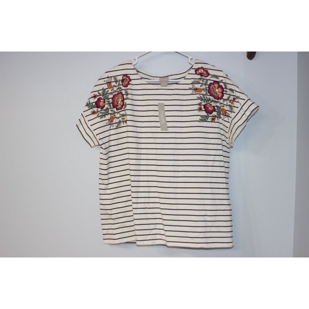 Chicos Womens Striped Floral Embroidered Short Sleeve 2R Large White/Black NWT